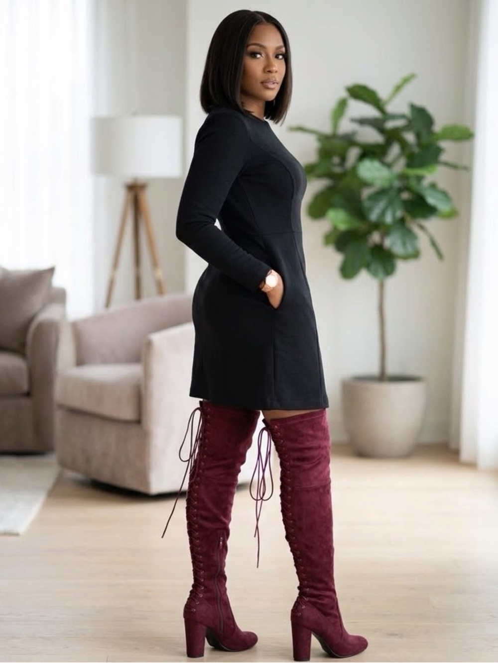 Over-the-Knee Lace-Up Suede Boots in Wine